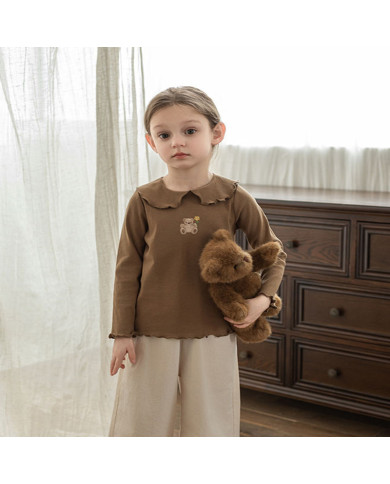 cute embroid bear long sleeve lapel girl cotton T-shirt