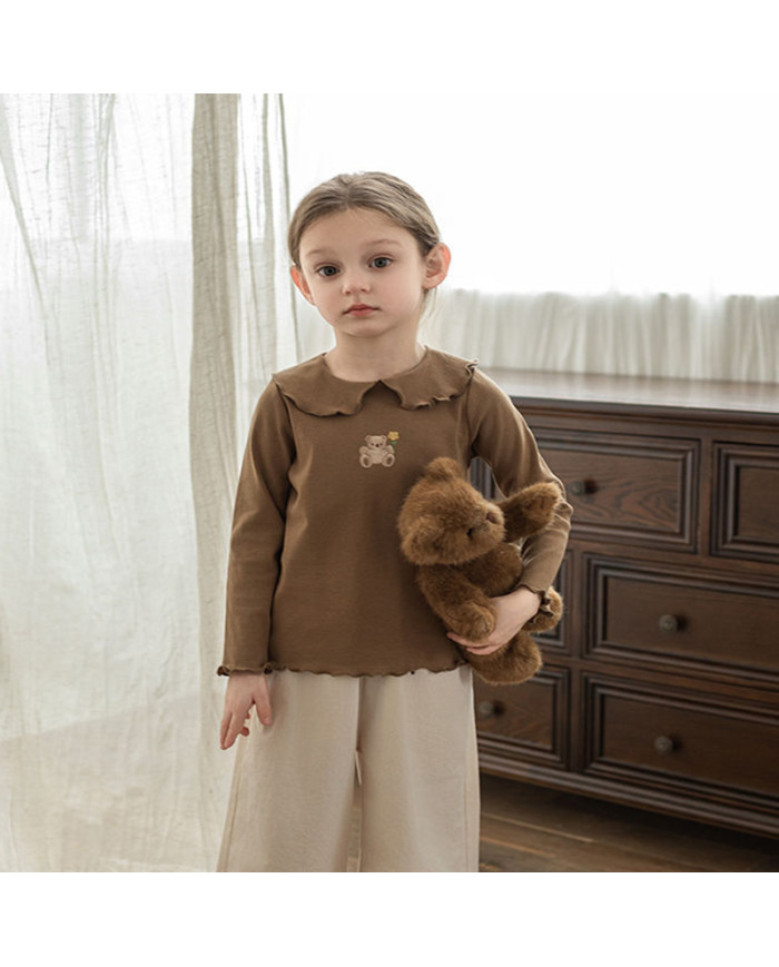 cute embroid bear long sleeve lapel girl cotton T-shirt