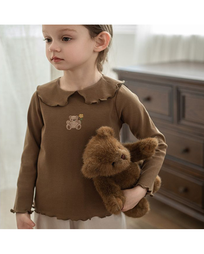 cute embroid bear long sleeve lapel girl cotton T-shirt