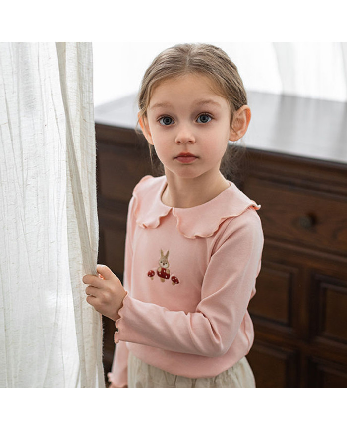 cute embroid rabit long sleeve lapel girl cotton T-shirt