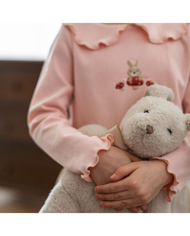 cute embroid rabit long sleeve lapel girl cotton T-shirt