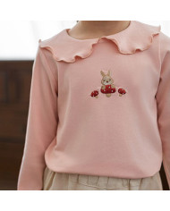 cute embroid rabit long sleeve lapel girl cotton T-shirt