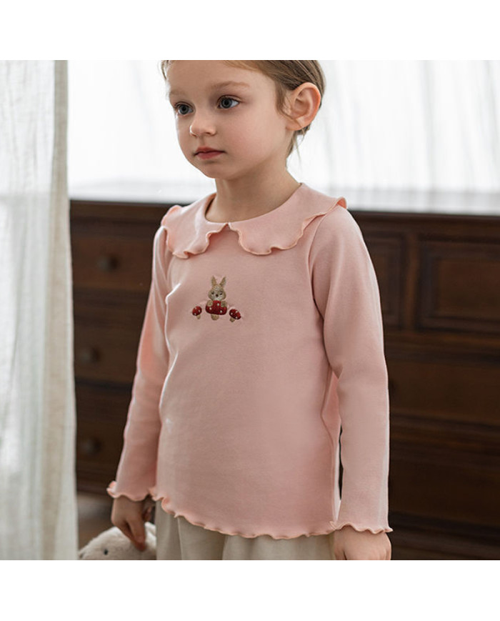 cute embroid rabit long sleeve lapel girl cotton T-shirt