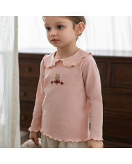 cute embroid rabit long sleeve lapel girl cotton T-shirt