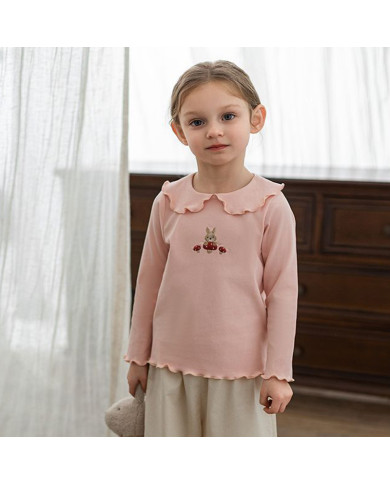 cute embroid rabit long sleeve lapel girl cotton T-shirt