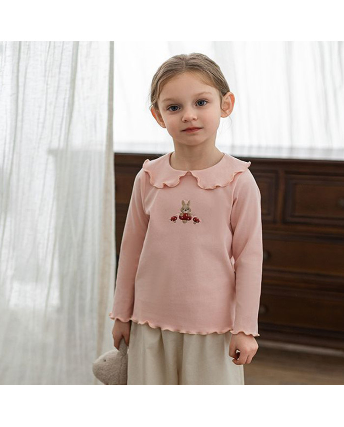 cute embroid rabit long sleeve lapel girl cotton T-shirt