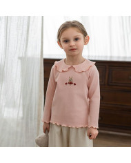 cute embroid rabit long sleeve lapel girl cotton T-shirt