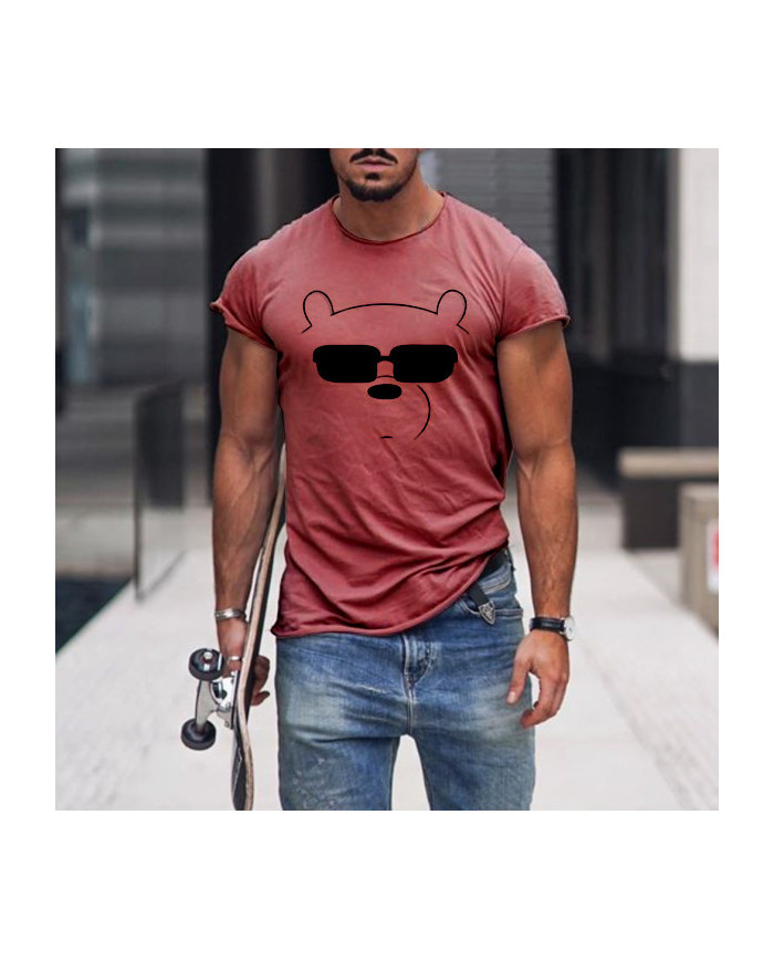 bear glasses print men personality short sleeve T-shirt