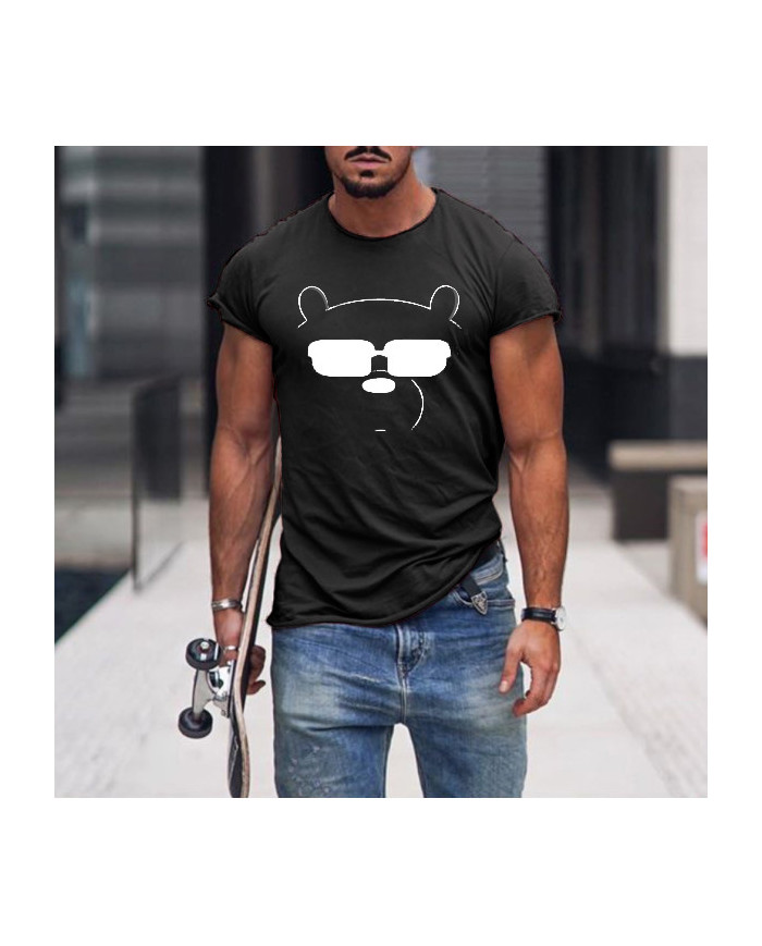 bear glasses print men personality short sleeve T-shirt