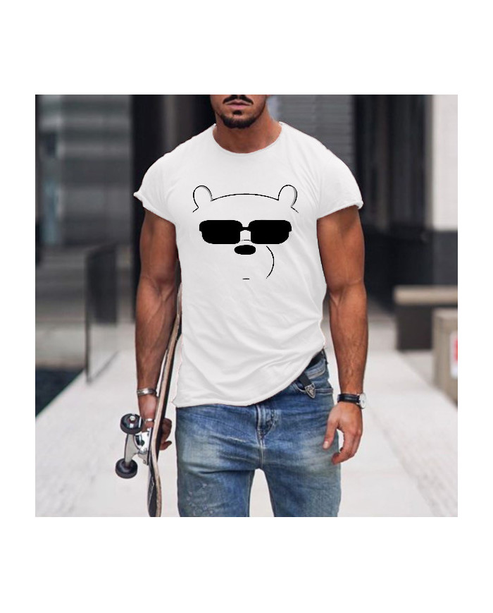 bear glasses print men personality short sleeve T-shirt